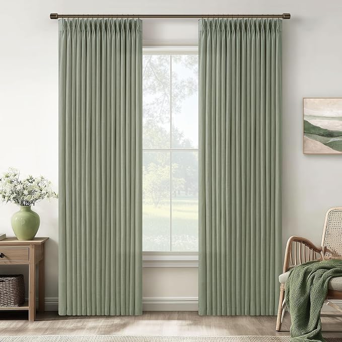 Sage Green 90 Inch Linen Pinch Pleated Semi Sheer Country Curtains W50xL90 | 90 by Twodrapes