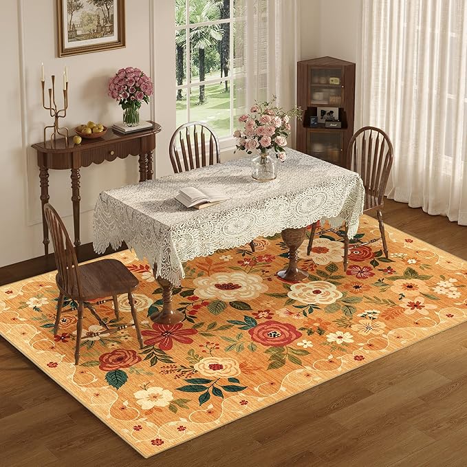 DUKINO 9x12 Area Rug for Living Room, Floral Washable Rug Non Slip, Low Pile - Image 4