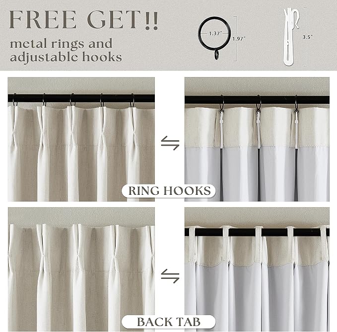 Natural Pinch Pleat 100% Blackout Linen 108 Inch Long Curtains 60 Inch Wide | 2 - Image 5