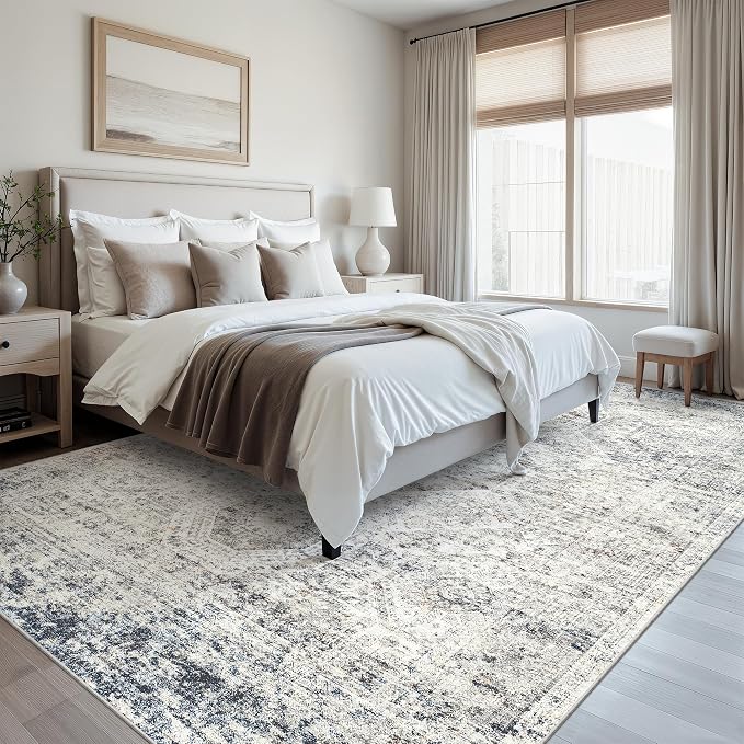 Soalmost Washable Area Rug 8x12 Large Soft Living Room Rugs Blue/Ivory | - Image 3