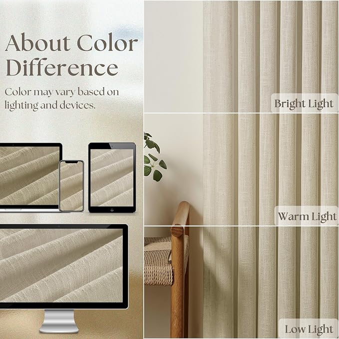 132 Inch Flax Linen Neutral Curtains 2 Panels Set Pinch Pleated | Memory - Image 5