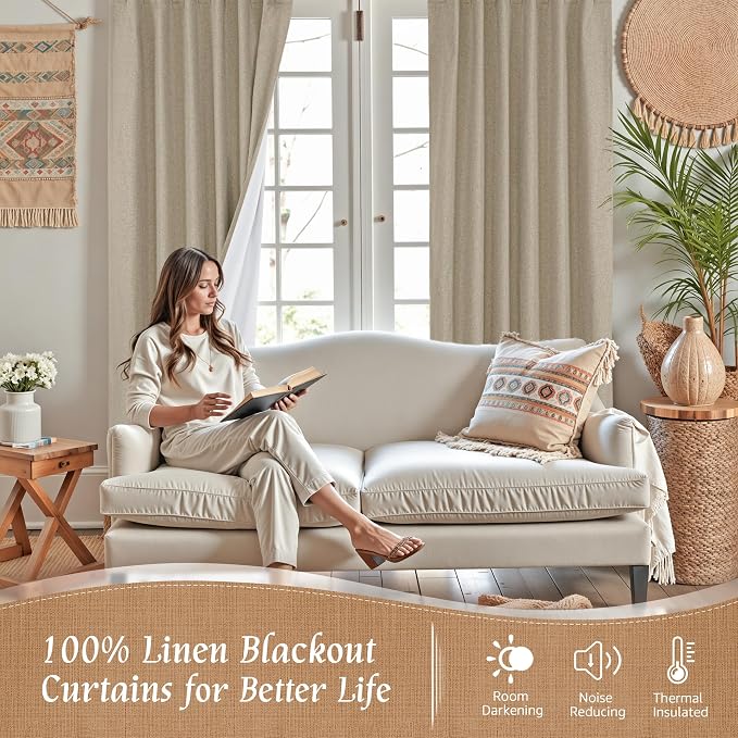 100% Blackout Natural Linen Curtains 78 Inches - Image 2