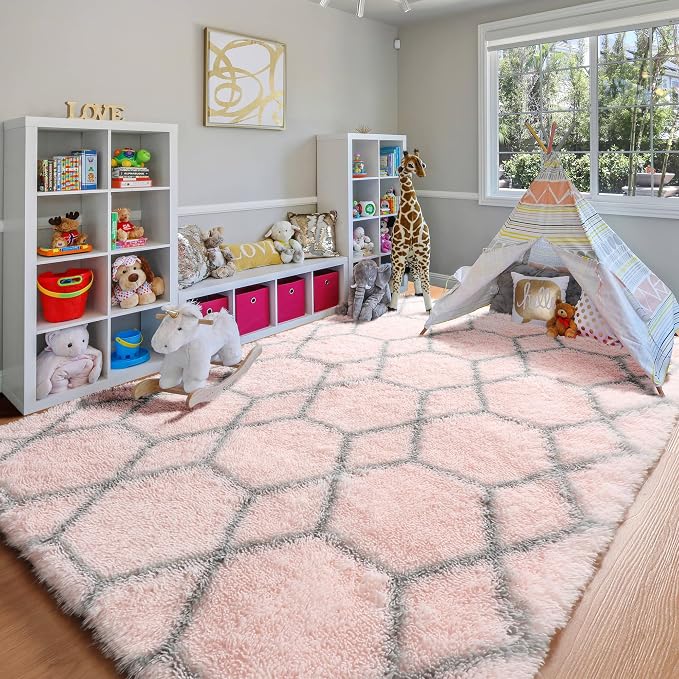Area Rugs for Living Room, 5x8 Fluffy Pink and Grey Bedroom Geometric Rug | - Image 9