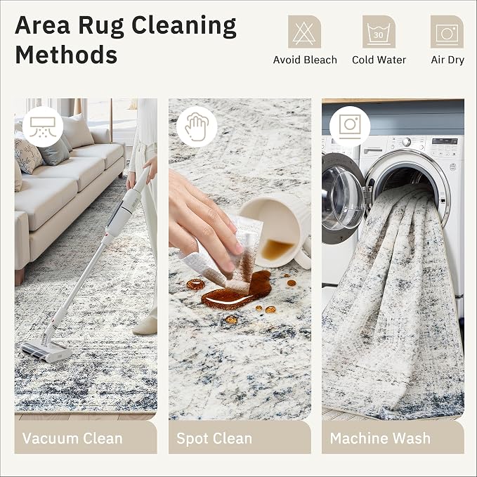 Soalmost Washable Area Rug 8x10 Large Soft Living Room Rugs Blue/Ivory | - Image 9