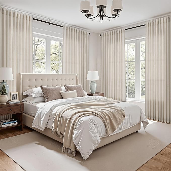 Warm Beige Linen Curtains Semi Sheer 96 Inches Long 2 Panels Set - Image 5