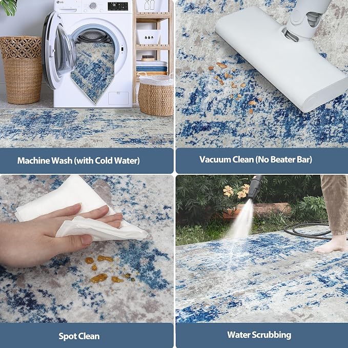 4x6 Area Rugs for Living Room Washable Bedroom Dining Room Blue Grey White | - Image 5