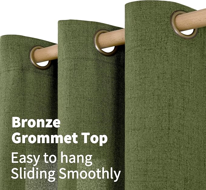 Olive Linen Semi Sheer Curtains 48 Inch Length 2 Panels Light Filtering | Dark - Image 6