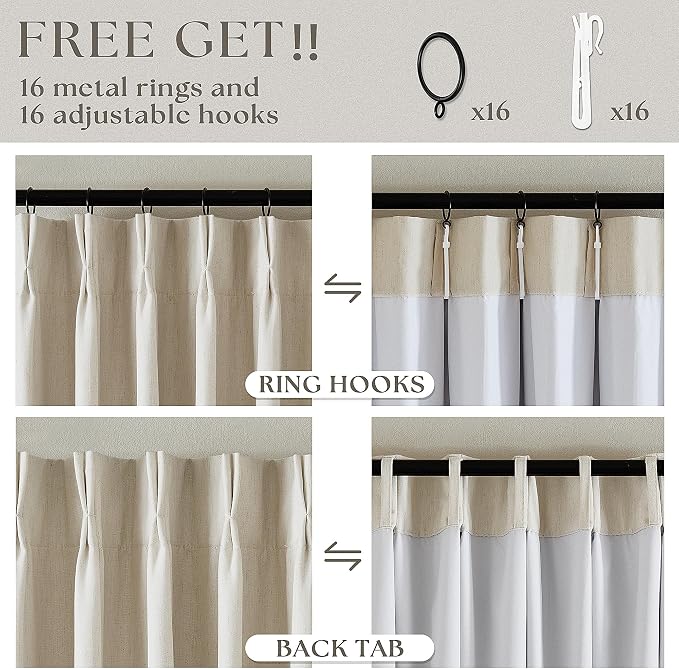 Cream Beige Linen Pinch Pleat Black Out Curtains 84 Inch Length 2 Panels | 2 - Image 6