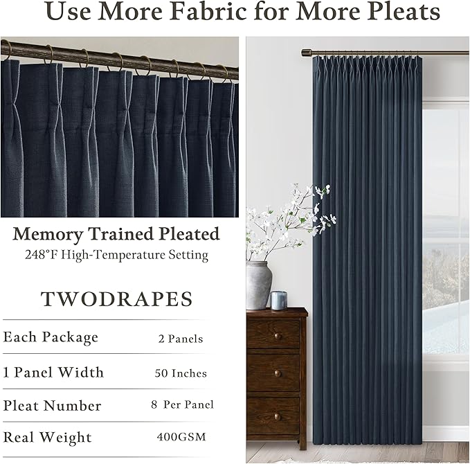 120 Inch Pinch Pleated Linen Navy Semi Sheer Curtains - Image 4