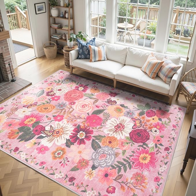 Pink Area Rug 9x12 for Living Room Bedroom | Low Pile; Non Slip;Machine - Image 5
