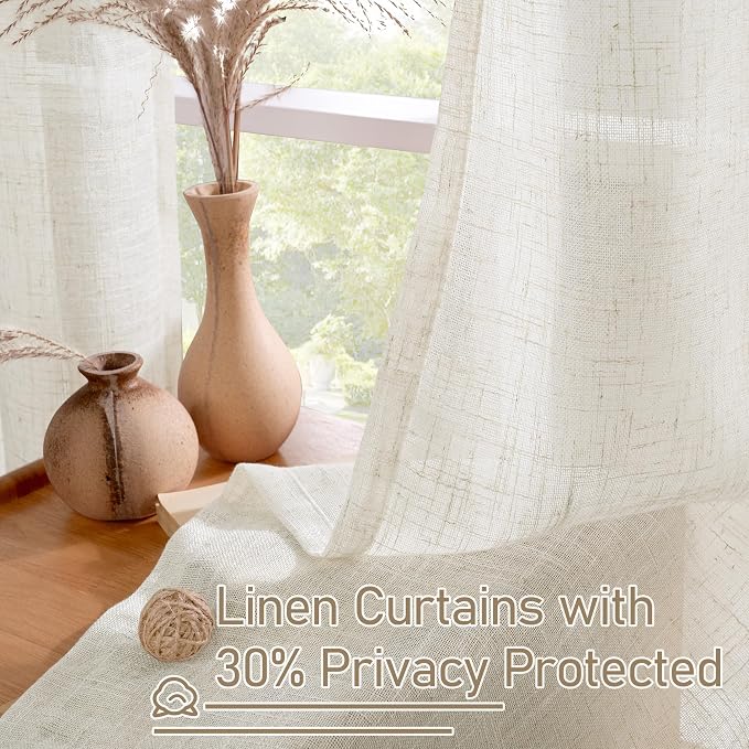 Cream 90 Inch Long Linen Sheer Curtains 2 Panels Set - Image 5