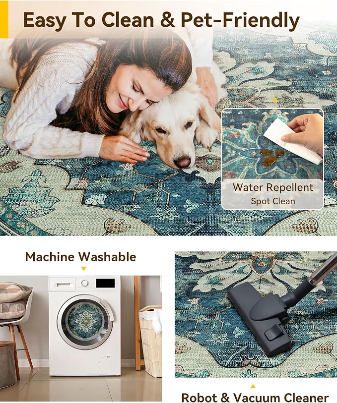 RELEANY Washable Area Rug, Round 4ft, Water Repellent, Pet Friendly, Vintage - Image 4