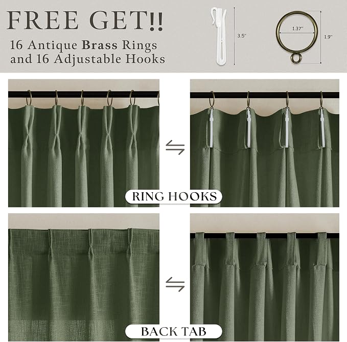 96 Inches Linen Pleated Semi Sheer Privacy Dark Green Loden Curtains 50x96 | - Image 5