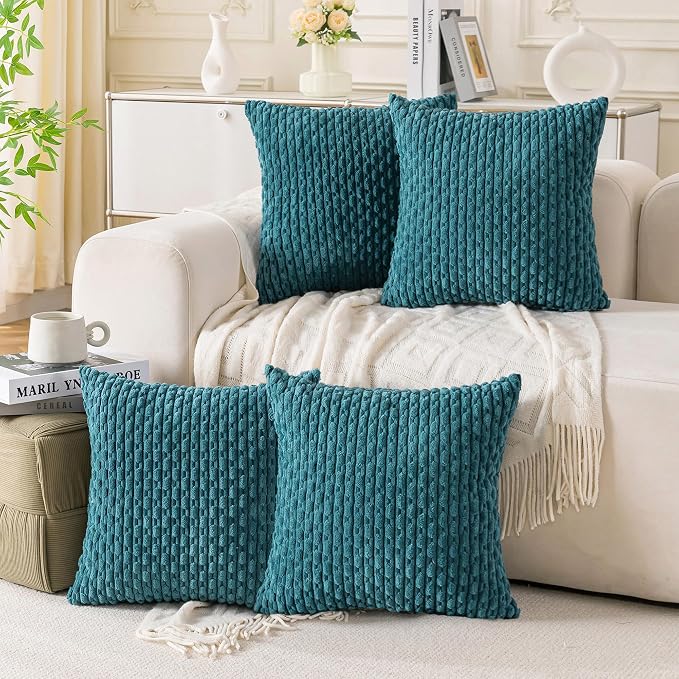 Set of 4 Teal Decorative Throw Pillow Covers 24x24 Inch Corduroy Pillow Covers by Cozoomy