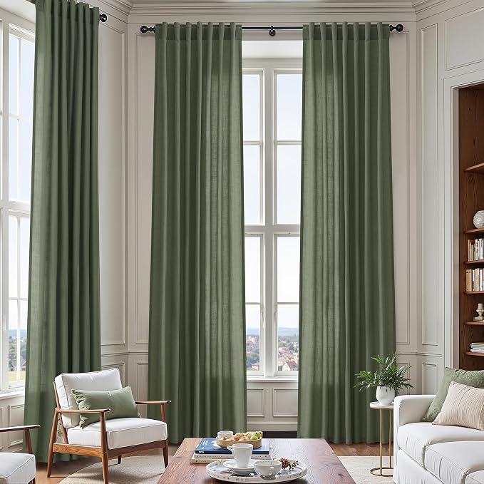 Olive Green Linen Blend Semi Sheer Curtains 102 Inches Long x 60 Inches Wide - Image 7
