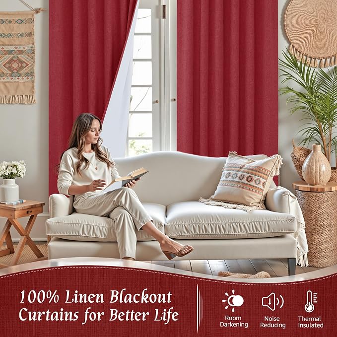 Red 100% Blackout Linen Bedroom Curtains 84 Inch - Image 2