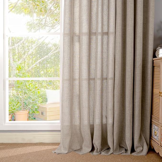 YoungsTex Oatmeal Linen Curtains 60 x 63 Inch Length 2 Panels Set | Wide Semi - Image 7