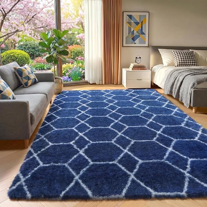 7x9 Area Rugs for Living Room Bedroom, Fluffy Navy Blue and White Boys Rug | - Image 6