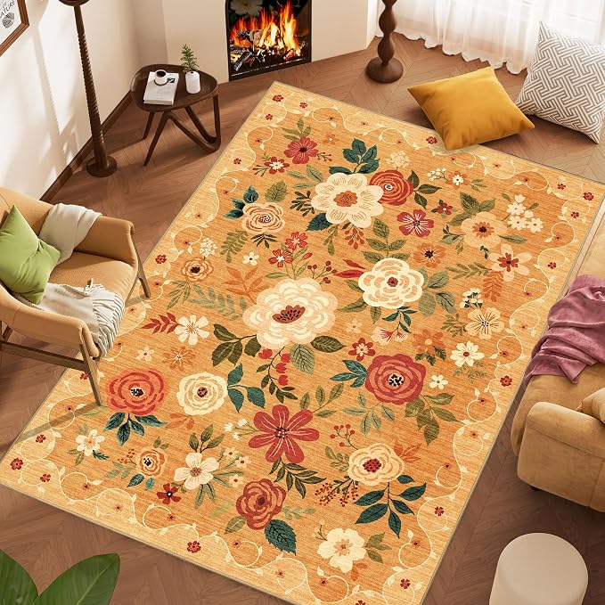 DUKINO 9x12 Area Rug for Living Room, Floral Washable Rug Non Slip, Low Pile - Image 3