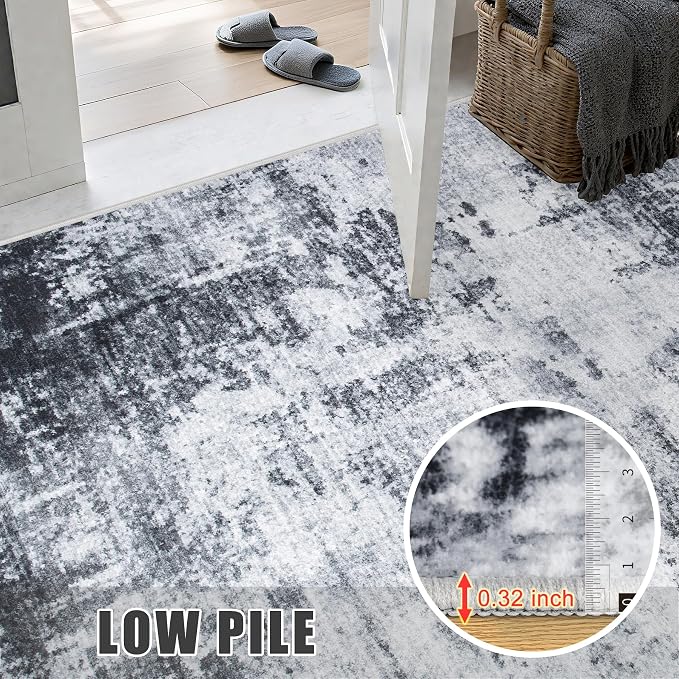 Area Rug Living Room: 6x6 Modern Washable Soft Carpet Dark Black | - Image 7