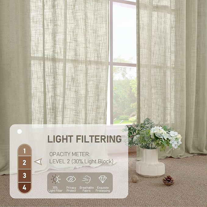 Oatmeal Sheer Linen Curtains for Living Room 2 Panels Set, 95 Inch Light - Image 5