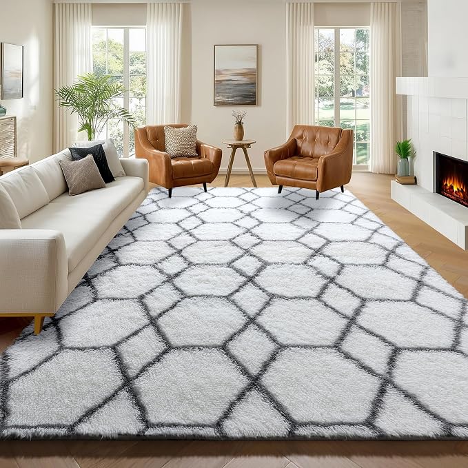 Area Rugs for Living Room, 7x10 Fluffy White and Grey Geometric Bedroom Rug | - Image 2