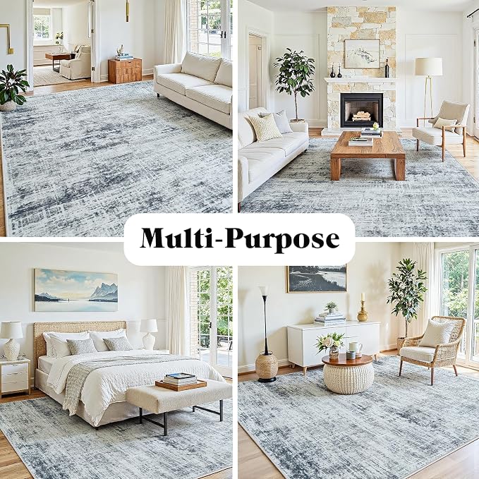 10x14 Washable Area Rug for Living Room Bedroom: Non-Slip Modern Black Grey | - Image 3