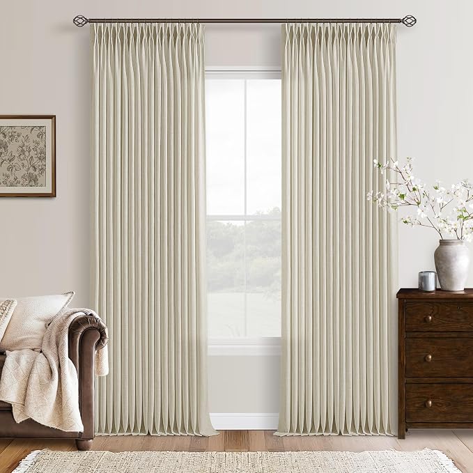 98 Inch Beige Linen Semi Sheer Pinch Pleated Curtains 50 Inch Wide 2 Panels | by Twodrapes