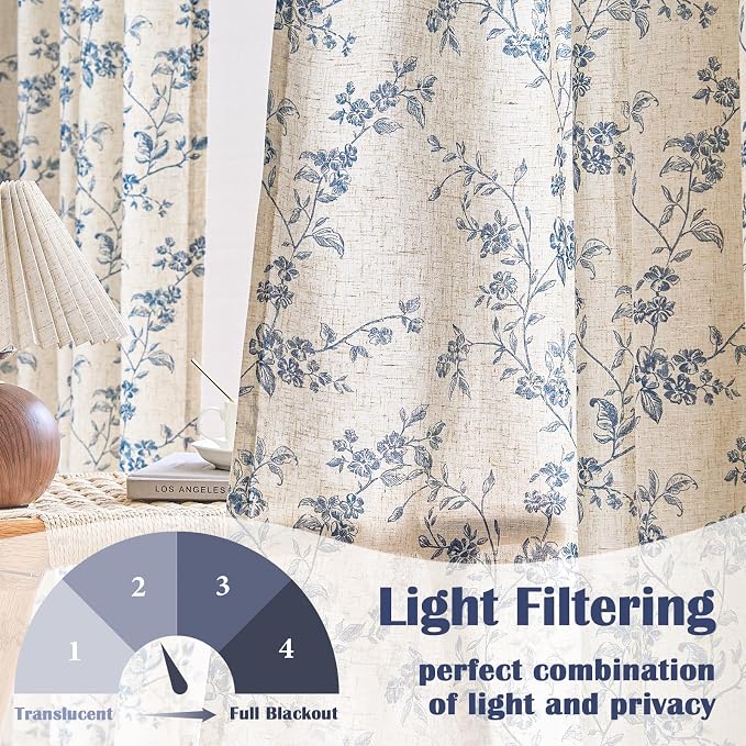 Blue Vintage Floral Linen Curtains Farmhouse 38W X 63L 2 Panels | Elisa Series - Image 3