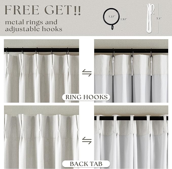 Beige White Pinch Pleated 100% Blackout Linen Curtains W60xL120 1 Panel | Black - Image 5