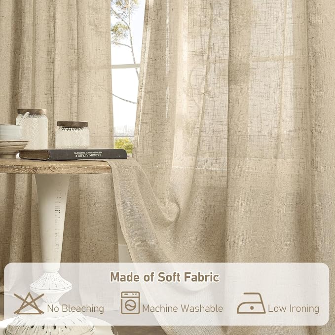 102 Inch Length Light Filtering Sheer Linen Curtains, Linen Textured Semi Sheer - Image 8