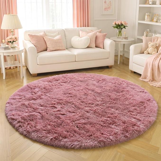 Amdrebio Blush Pink Big Round Fluffy Rug 7Ft - Image 5
