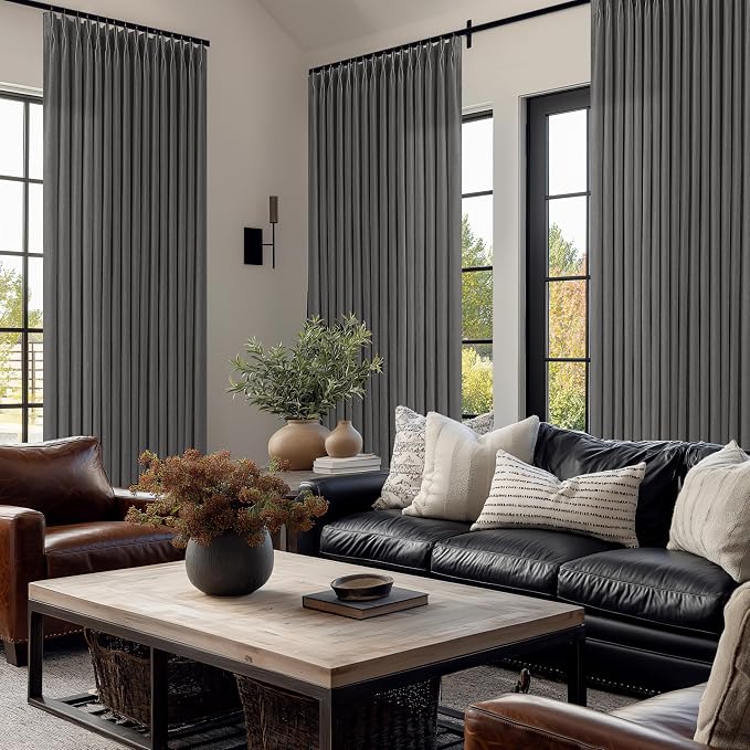 Pinch Pleat 105 Inches Linen Semi Sheer Dark Grey Curtains 50W | Charcoal Grey - Image 7