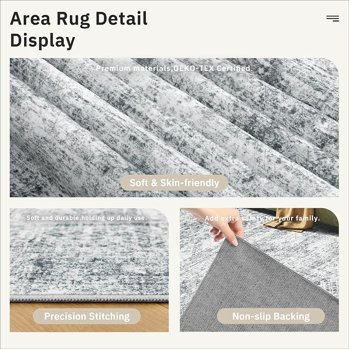 Soalmost 12x15 Washable Area Rugs Soft Living Room Rug Abstract Grey | Large - Image 7