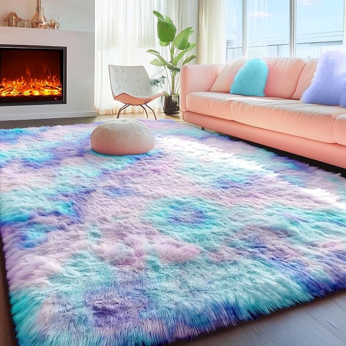 Adorable Rainbow Mermaid Rugs for Girls Bedroom Fluffy Purple Rug 3x5 Ft | - Image 5