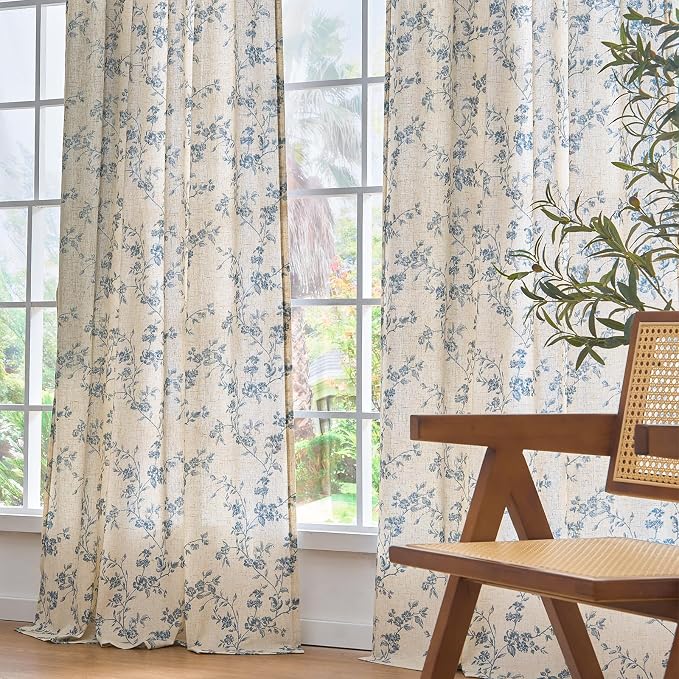 Blue Vintage Floral Linen Curtains Farmhouse 38W X 84L 2 Panels | Elisa Series - Image 9