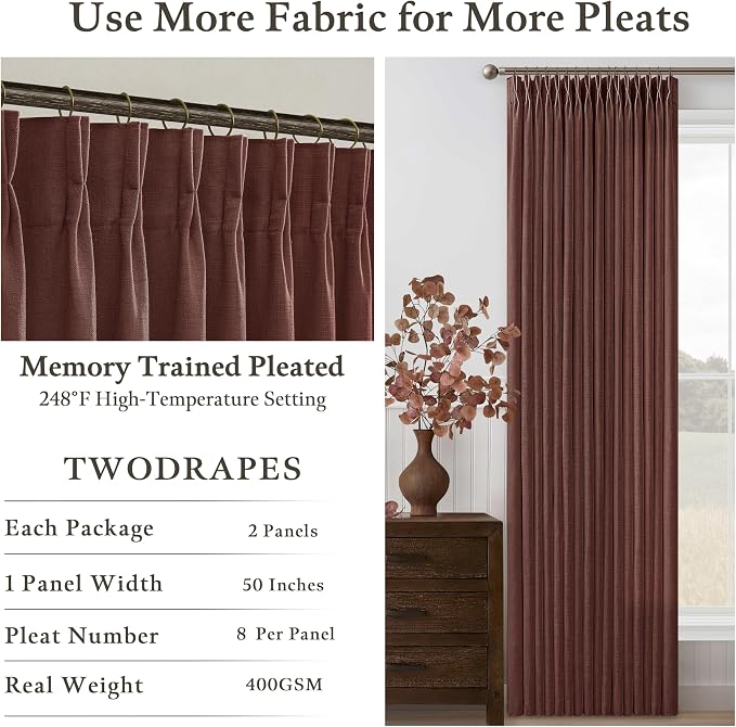 Pinch Pleated Rust Brown Linen Blend Semi Sheer Curtains 105 Inch Length | - Image 6
