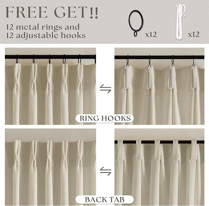 60 Inch Width 102 Inches Long Linen Pinch Pleat Curtains 1 Panel | Light - Image 4