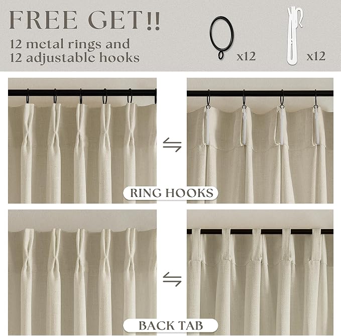 60 Inch Width 108 Inches Long Linen Pinch Pleat Curtains 1 Panel | Light - Image 4