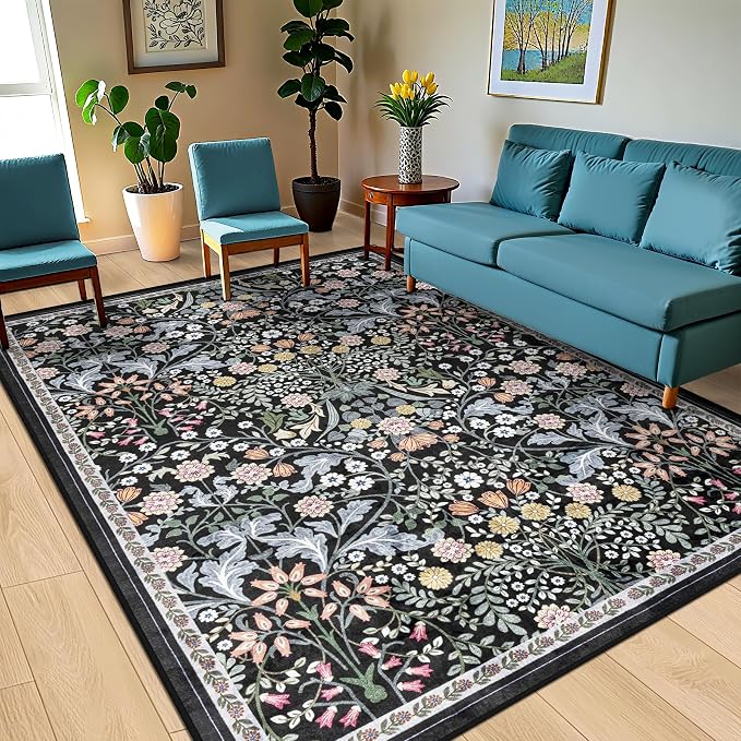 PLHXFR Area Rug 10x12 Living Room: Floral Washable Boho Carpet Dark Black | - Image 2