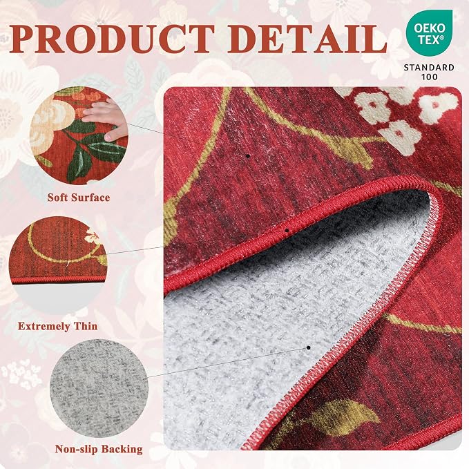 DUKINO 2x4 Entryway Rug, Floral Washable Kitchen Rugs Non Slip, Soft Indoor - Image 4