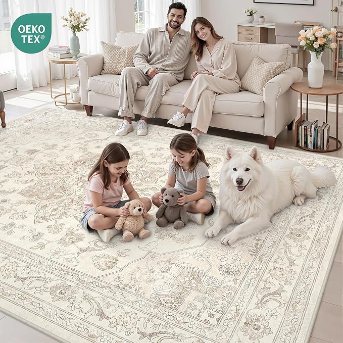4x6 Area Rugs Living Room: Bedroom Washable Carpet Beige White | Vintage Boho - Image 8