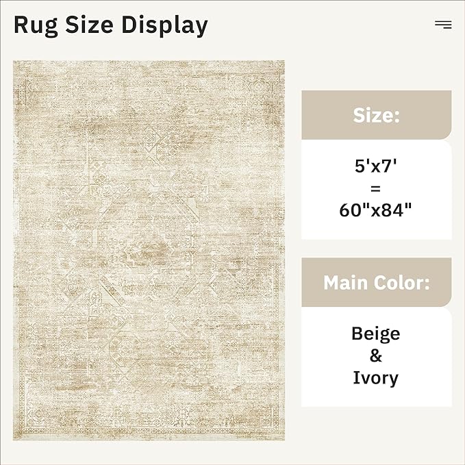 Soalmost 5x7 Area Rugs Beige/Ivory Washable Trendy Faded Style Floral Rugs | - Image 3