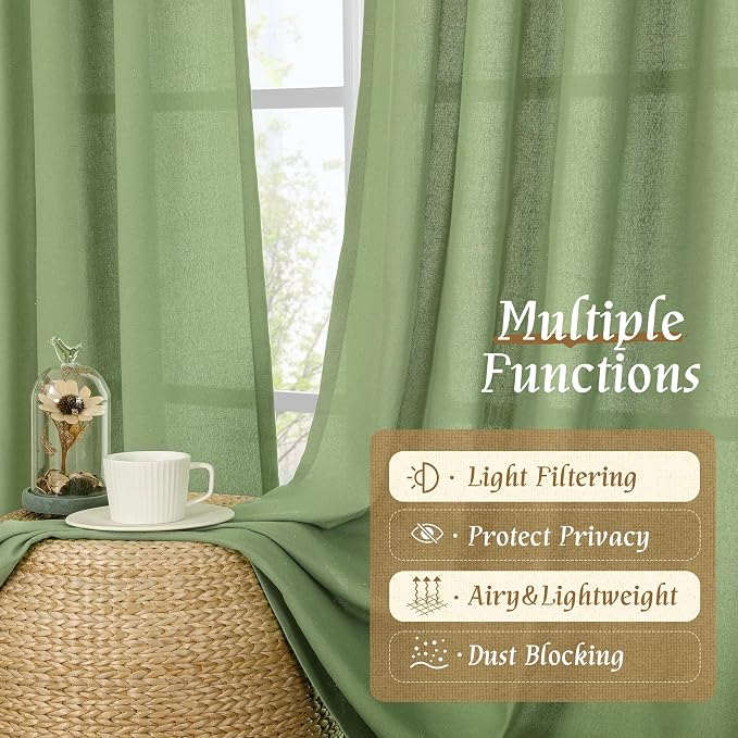 72 inch Length Green Semi Sheer Linen Curtains - Image 9