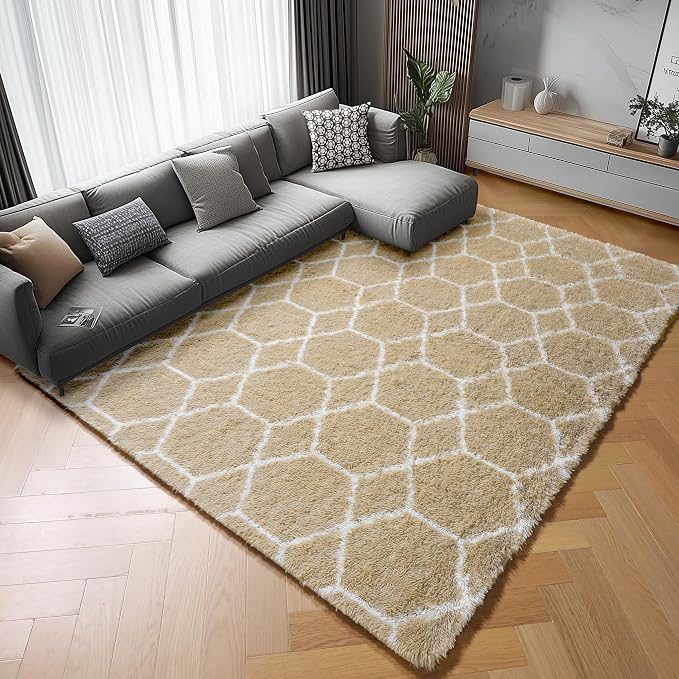 Area Rugs for Living Room, 5x8 Fluffy Beige and White Bedroom Geometric Rug | - Image 6