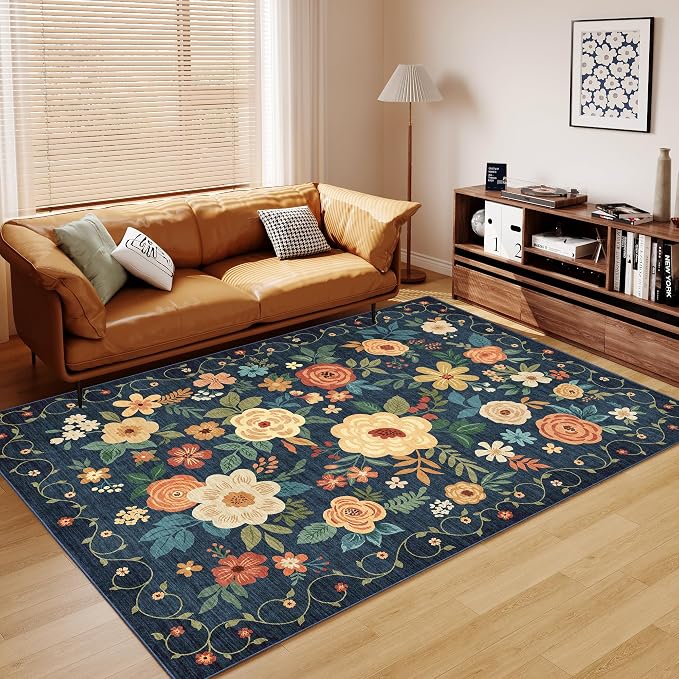 DUKINO 9x12 Area Rug for Living Room, Washable Rug Non Slip, Low Pile, Floral - Image 9