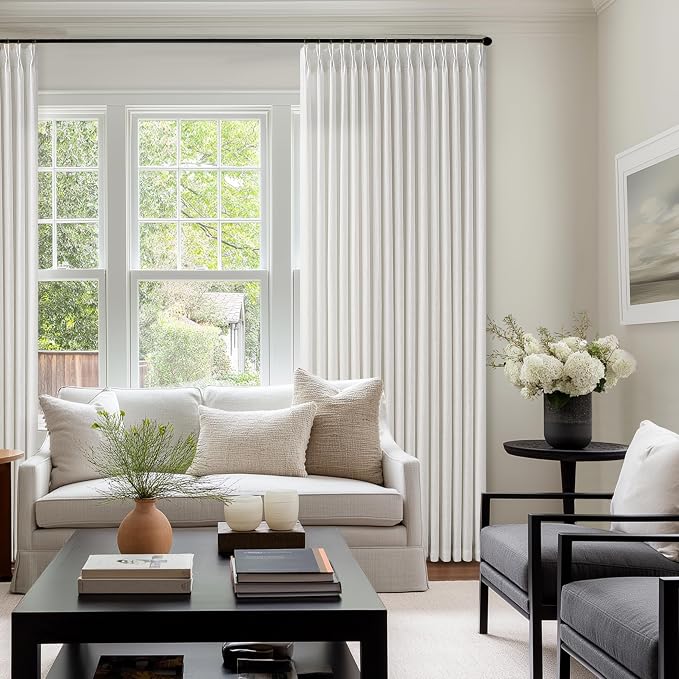 Semi Sheer Off White Pinch Pleat Linen Blend Curtains 112 Inches Long 50W | - Image 9