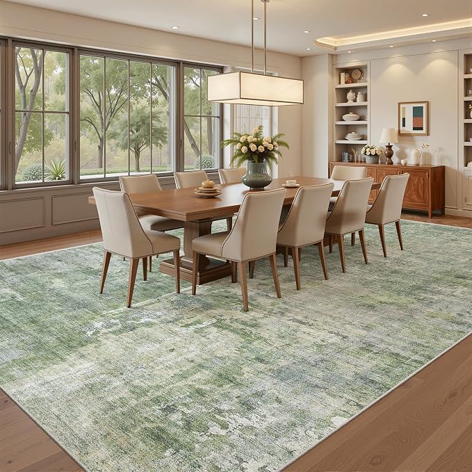 Soalmost 9x12 Area Rugs for Living Room Washable Rug Abstract Green/Ivory | - Image 3