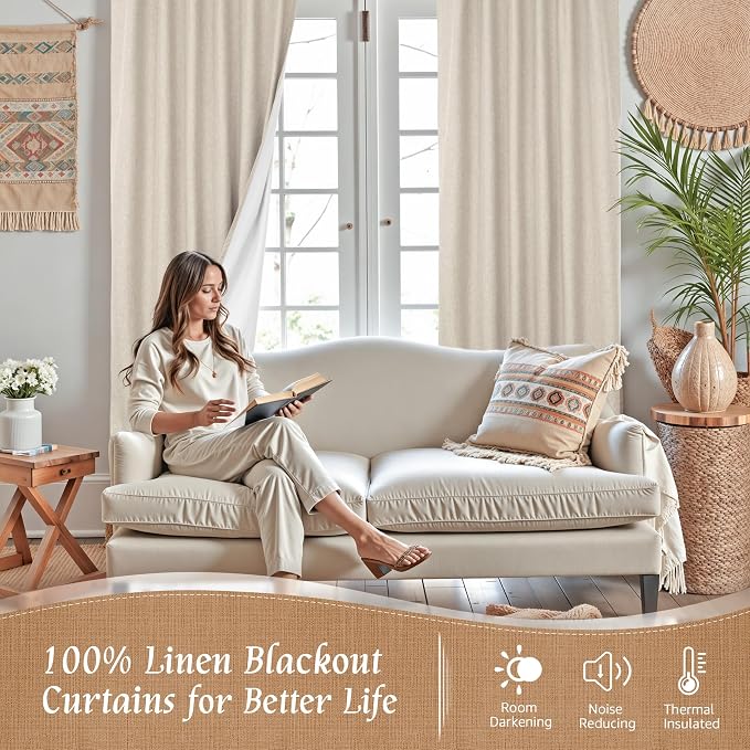 Oatmeal 100% Blackout Linen Curtains - Image 2