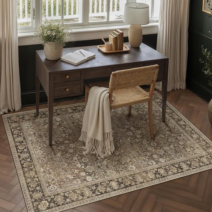 5x7 Washable Area Rug for Living Room | Brown Vintage Floral, Thick Mid Pile - Image 3